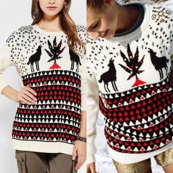 Urban Outfitters BDG Animal Games Pot Leaf Chunky Oversized Sweater Knit Weed L - Picture 2 of 15